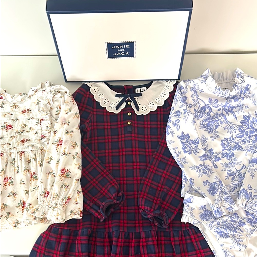 Bundle Janie and Jack Dress size 7, Floral Blouse size 6 and toile swimsuit 6
